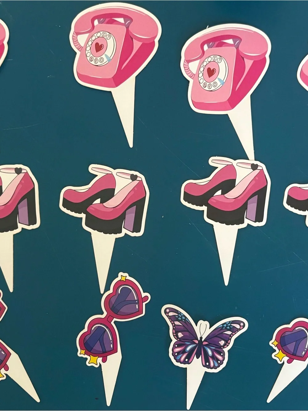 Pink Party Cupcake Toppers - Assorted Retro Phone, Heels, Butterfly & Sunglasses